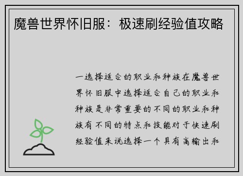 魔兽世界怀旧服：极速刷经验值攻略